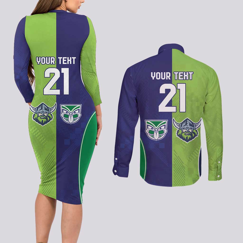 Custom Warriors-Raiders Couples Matching Long Sleeve Bodycon Dress and Long Sleeve Button Shirt Together Sporty Style