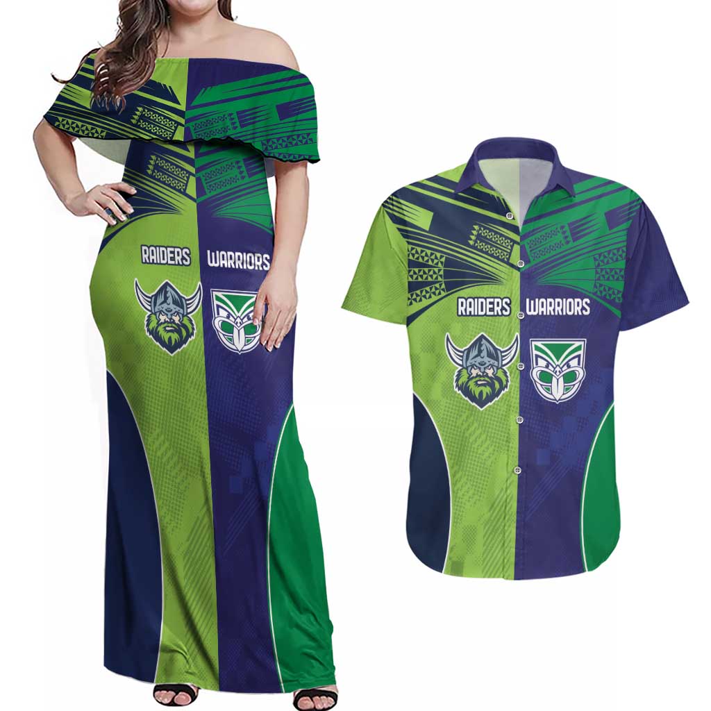Custom Warriors-Raiders Couples Matching Off Shoulder Maxi Dress and Hawaiian Shirt Together Sporty Style