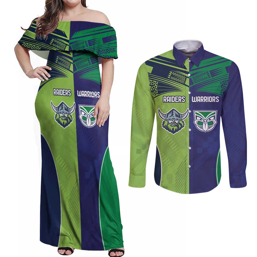 Custom Warriors-Raiders Couples Matching Off Shoulder Maxi Dress and Long Sleeve Button Shirt Together Sporty Style