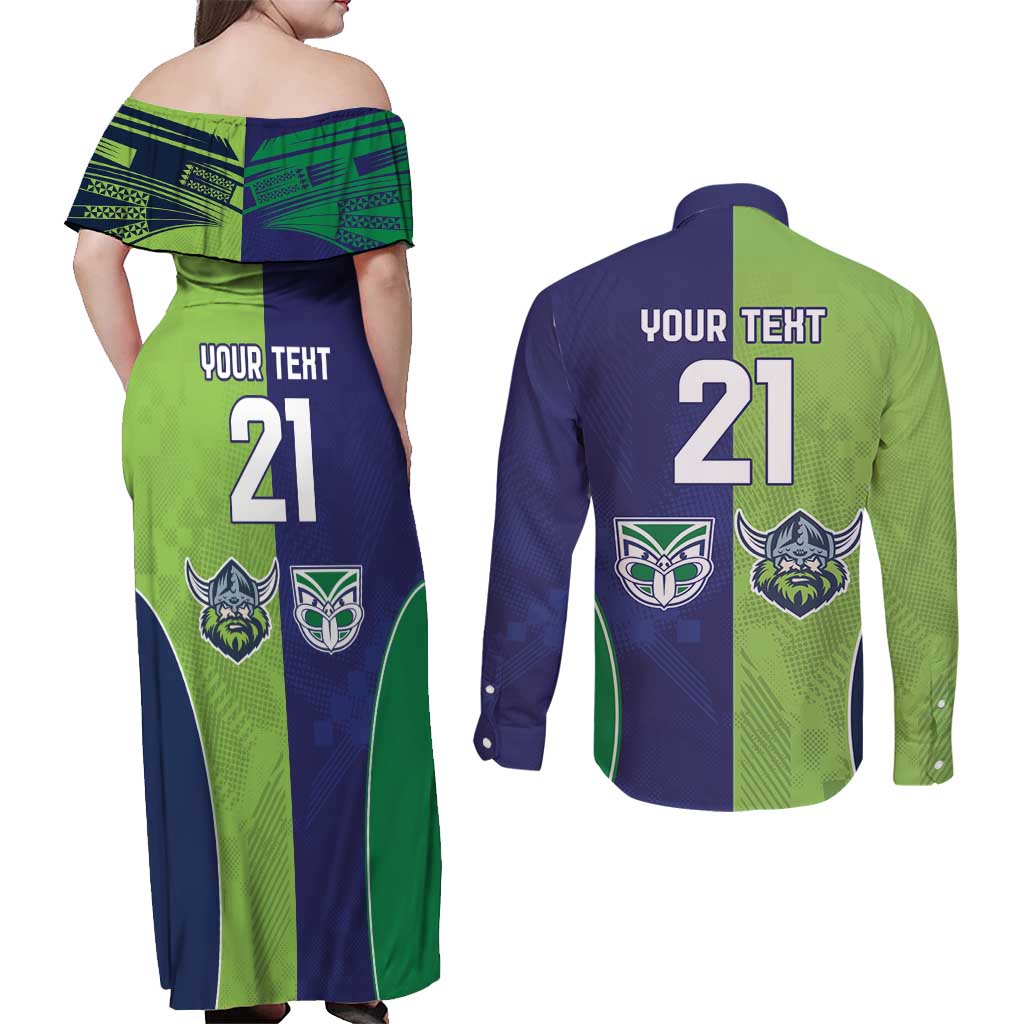 Custom Warriors-Raiders Couples Matching Off Shoulder Maxi Dress and Long Sleeve Button Shirt Together Sporty Style