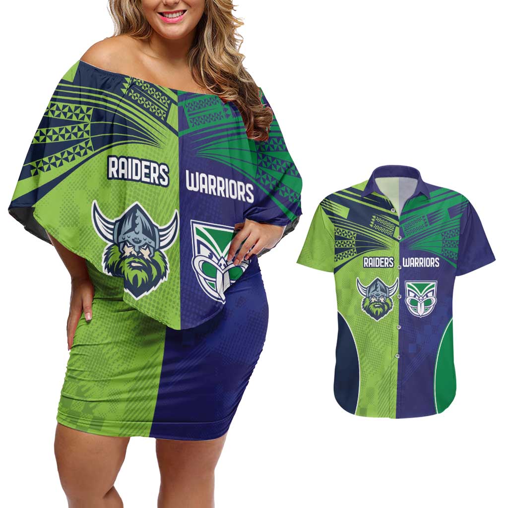 Custom Warriors-Raiders Couples Matching Off Shoulder Short Dress and Hawaiian Shirt Together Sporty Style