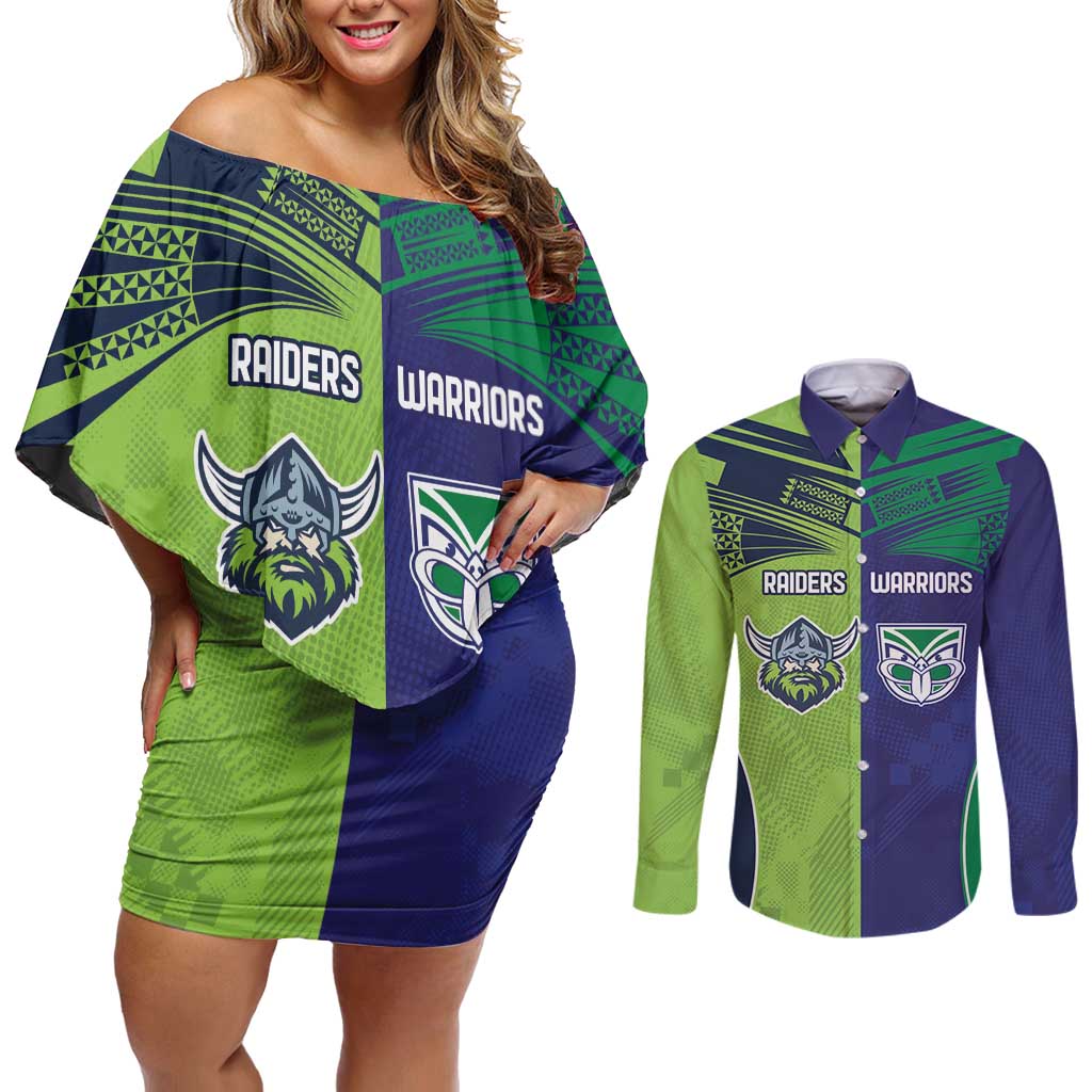 Custom Warriors-Raiders Couples Matching Off Shoulder Short Dress and Long Sleeve Button Shirt Together Sporty Style
