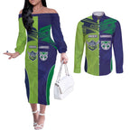 Custom Warriors-Raiders Couples Matching Off The Shoulder Long Sleeve Dress and Long Sleeve Button Shirt Together Sporty Style
