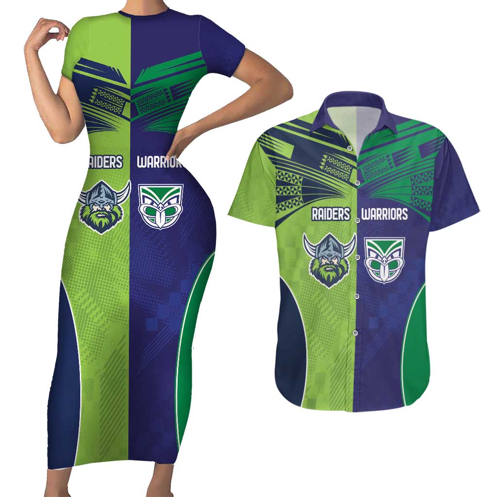 Custom Warriors-Raiders Couples Matching Short Sleeve Bodycon Dress and Hawaiian Shirt Together Sporty Style