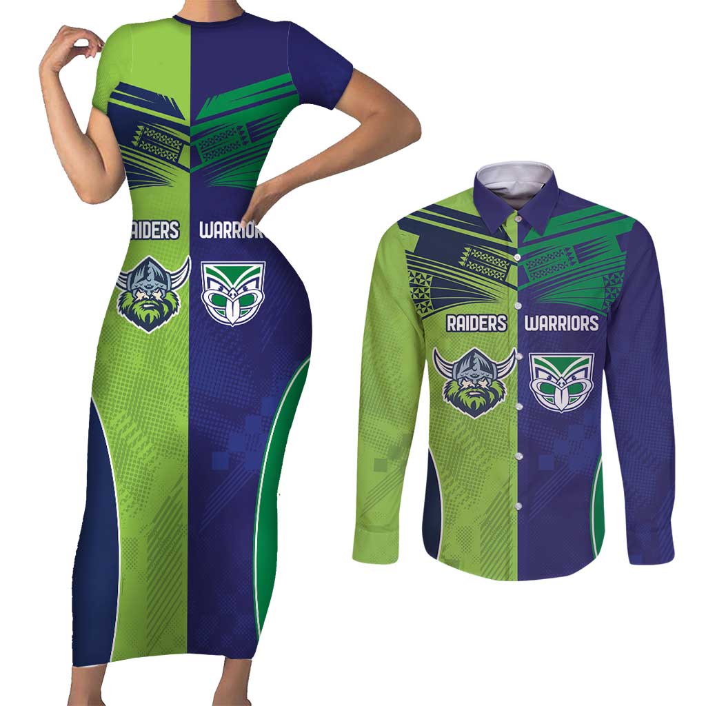 Custom Warriors-Raiders Couples Matching Short Sleeve Bodycon Dress and Long Sleeve Button Shirt Together Sporty Style