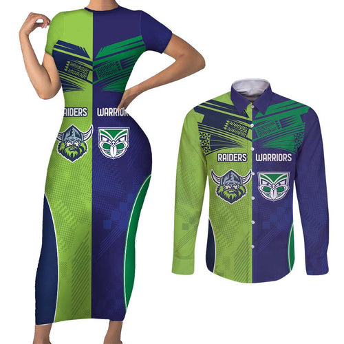 Custom Warriors-Raiders Couples Matching Short Sleeve Bodycon Dress and Long Sleeve Button Shirt Together Sporty Style
