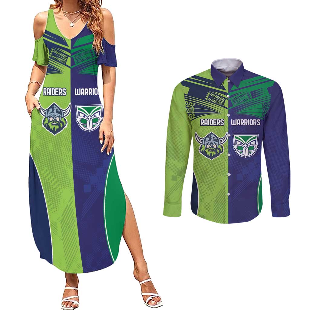 Custom Warriors-Raiders Couples Matching Summer Maxi Dress and Long Sleeve Button Shirt Together Sporty Style