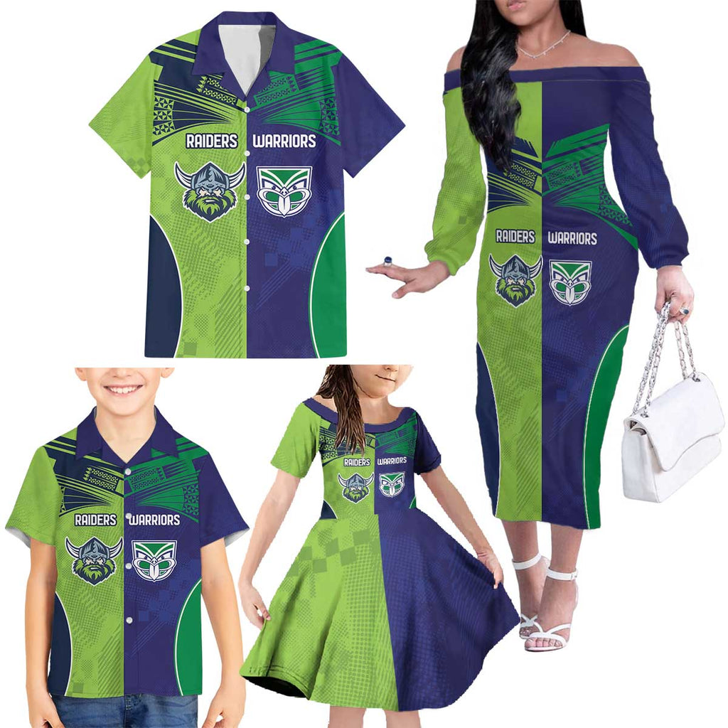 Custom Warriors-Raiders Family Matching Off The Shoulder Long Sleeve Dress and Hawaiian Shirt Together Sporty Style