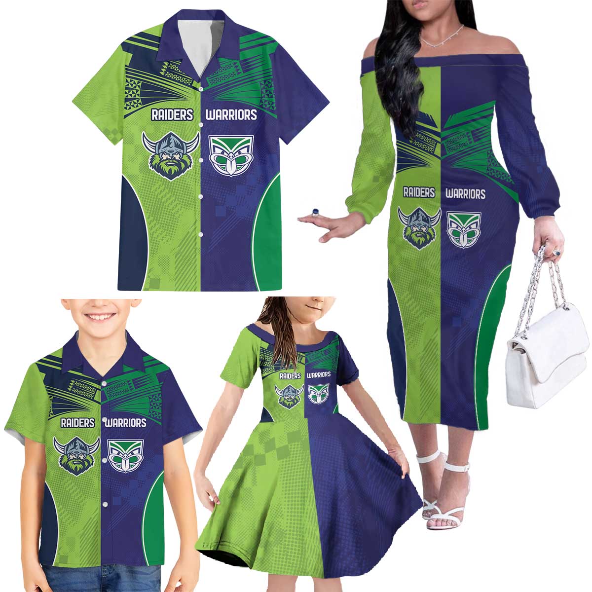 Custom Warriors-Raiders Family Matching Off The Shoulder Long Sleeve Dress and Hawaiian Shirt Together Sporty Style