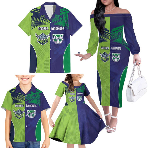Custom Warriors-Raiders Family Matching Off The Shoulder Long Sleeve Dress and Hawaiian Shirt Together Sporty Style