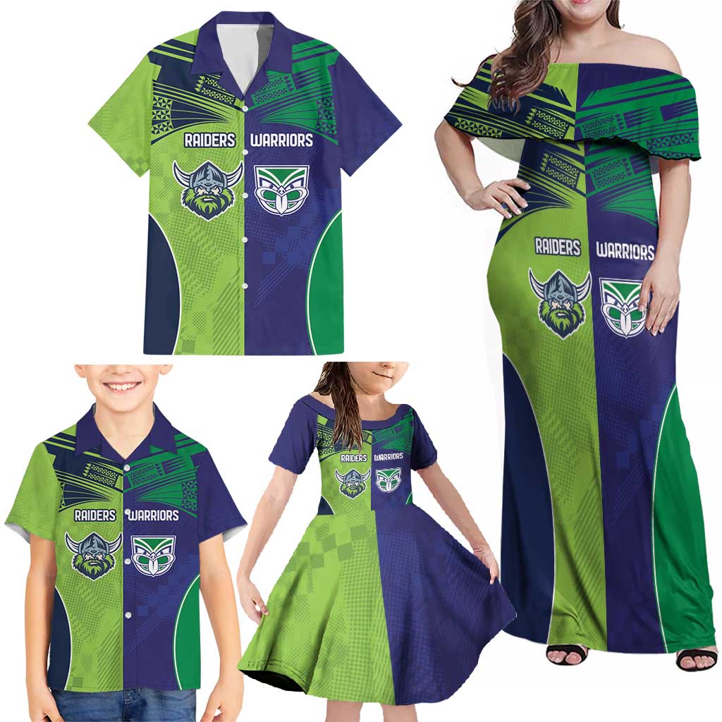 Custom Warriors-Raiders Family Matching Off Shoulder Maxi Dress and Hawaiian Shirt Together Sporty Style