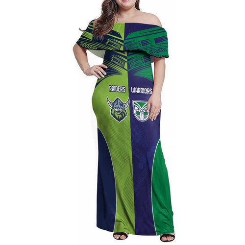 Custom Warriors-Raiders Family Matching Off Shoulder Maxi Dress and Hawaiian Shirt Together Sporty Style