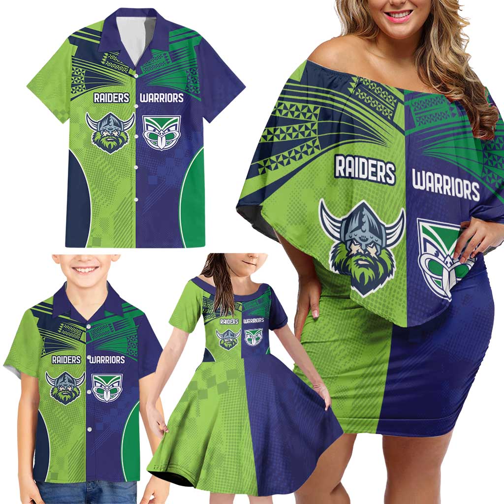 Custom Warriors-Raiders Family Matching Off Shoulder Short Dress and Hawaiian Shirt Together Sporty Style