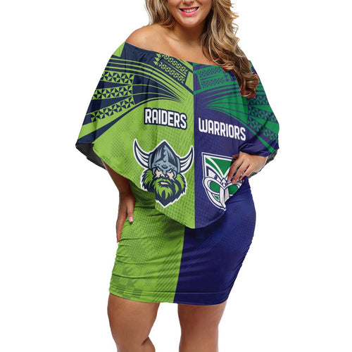 Custom Warriors-Raiders Family Matching Off Shoulder Short Dress and Hawaiian Shirt Together Sporty Style