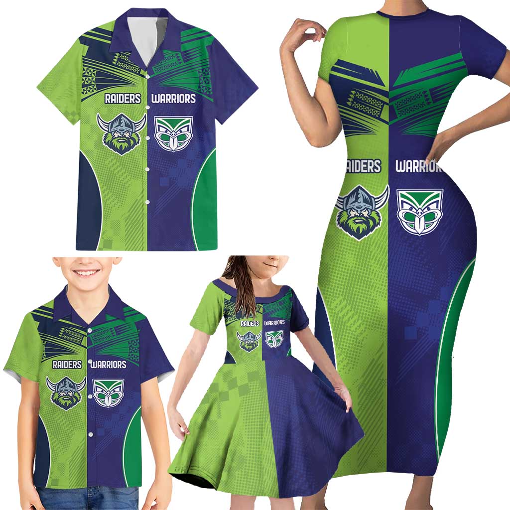 Custom Warriors-Raiders Family Matching Short Sleeve Bodycon Dress and Hawaiian Shirt Together Sporty Style