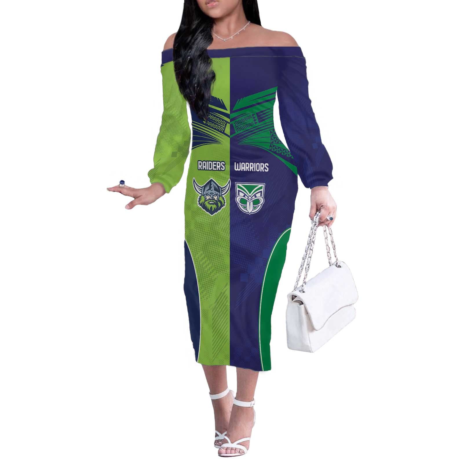 Custom Warriors-Raiders Off The Shoulder Long Sleeve Dress Together Sporty Style