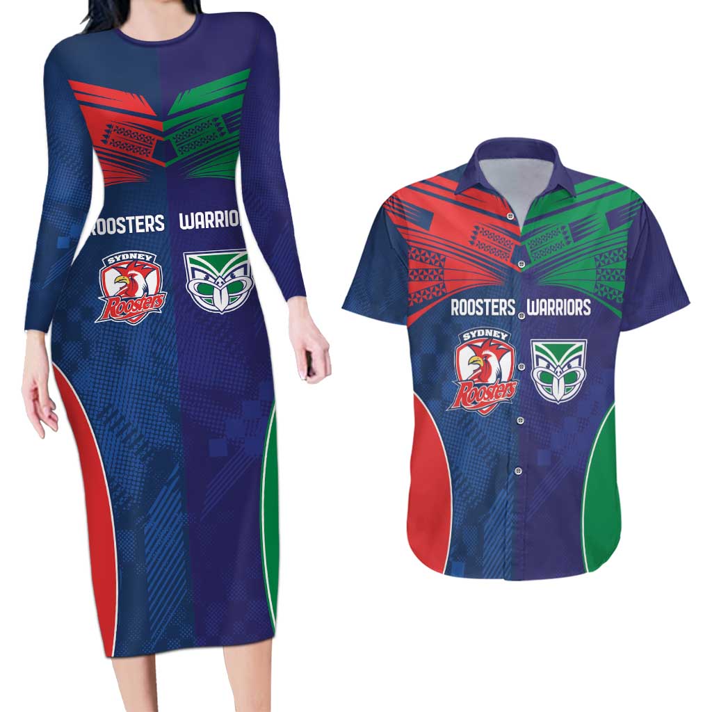 Custom Warriors-Roosters Couples Matching Long Sleeve Bodycon Dress and Hawaiian Shirt Together Sporty Style