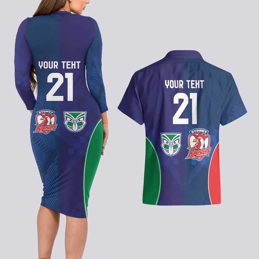 Custom Warriors-Roosters Couples Matching Long Sleeve Bodycon Dress and Hawaiian Shirt Together Sporty Style