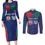 Custom Warriors-Roosters Couples Matching Long Sleeve Bodycon Dress and Long Sleeve Button Shirt Together Sporty Style