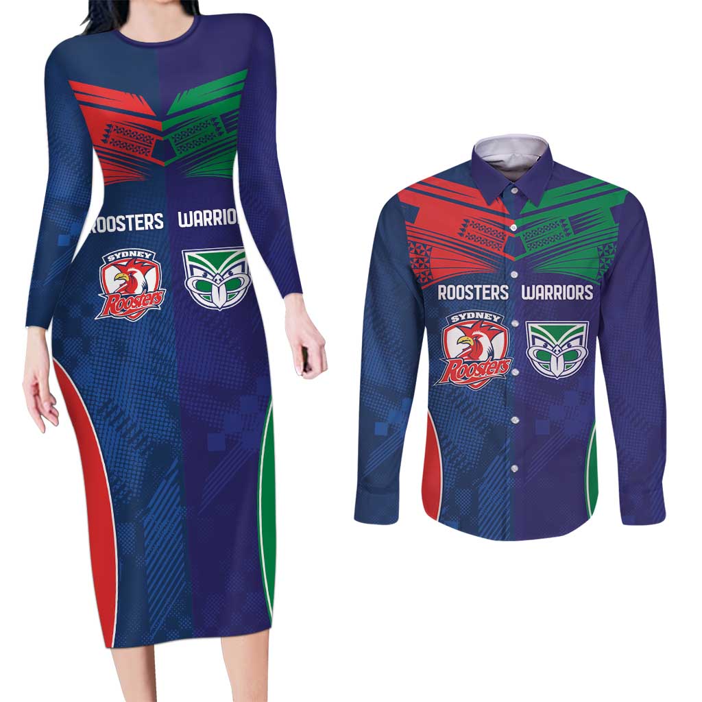 Custom Warriors-Roosters Couples Matching Long Sleeve Bodycon Dress and Long Sleeve Button Shirt Together Sporty Style