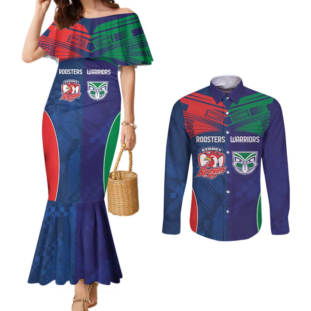 Custom Warriors-Roosters Couples Matching Mermaid Dress and Long Sleeve Button Shirt Together Sporty Style
