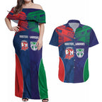 Custom Warriors-Roosters Couples Matching Off Shoulder Maxi Dress and Hawaiian Shirt Together Sporty Style