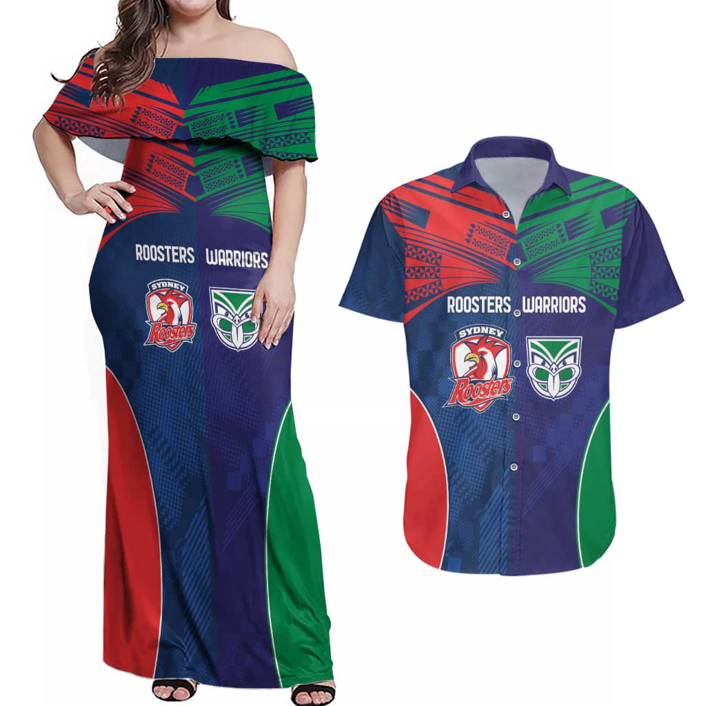 Custom Warriors-Roosters Couples Matching Off Shoulder Maxi Dress and Hawaiian Shirt Together Sporty Style