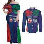 Custom Warriors-Roosters Couples Matching Off Shoulder Maxi Dress and Long Sleeve Button Shirt Together Sporty Style