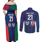 Custom Warriors-Roosters Couples Matching Off Shoulder Maxi Dress and Long Sleeve Button Shirt Together Sporty Style