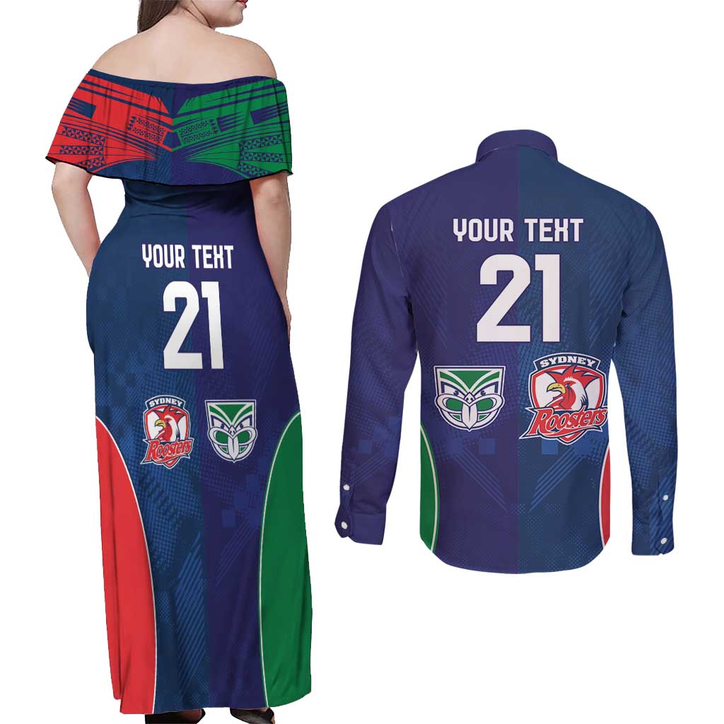 Custom Warriors-Roosters Couples Matching Off Shoulder Maxi Dress and Long Sleeve Button Shirt Together Sporty Style