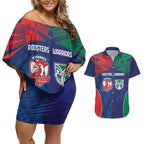 Custom Warriors-Roosters Couples Matching Off Shoulder Short Dress and Hawaiian Shirt Together Sporty Style