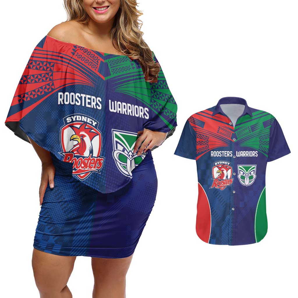 Custom Warriors-Roosters Couples Matching Off Shoulder Short Dress and Hawaiian Shirt Together Sporty Style