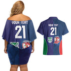 Custom Warriors-Roosters Couples Matching Off Shoulder Short Dress and Hawaiian Shirt Together Sporty Style