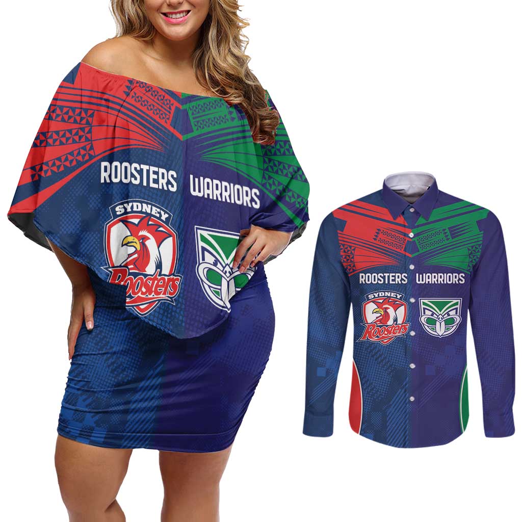 Custom Warriors-Roosters Couples Matching Off Shoulder Short Dress and Long Sleeve Button Shirt Together Sporty Style