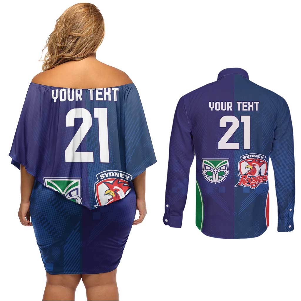 Custom Warriors-Roosters Couples Matching Off Shoulder Short Dress and Long Sleeve Button Shirt Together Sporty Style