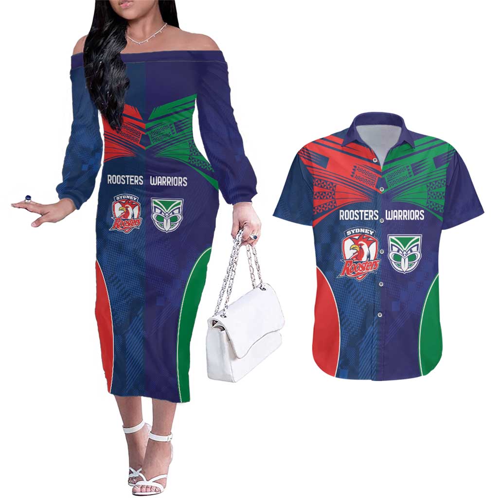 Custom Warriors-Roosters Couples Matching Off The Shoulder Long Sleeve Dress and Hawaiian Shirt Together Sporty Style