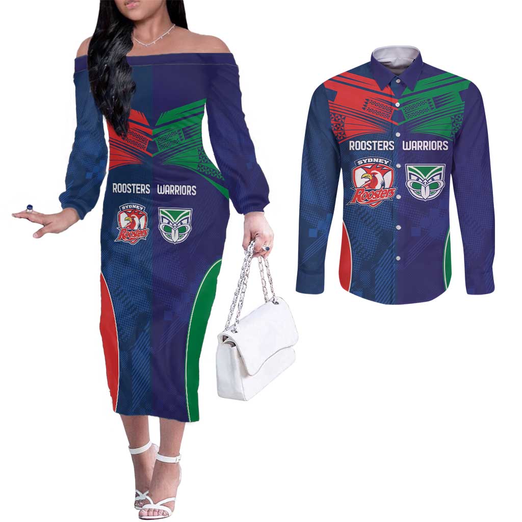 Custom Warriors-Roosters Couples Matching Off The Shoulder Long Sleeve Dress and Long Sleeve Button Shirt Together Sporty Style