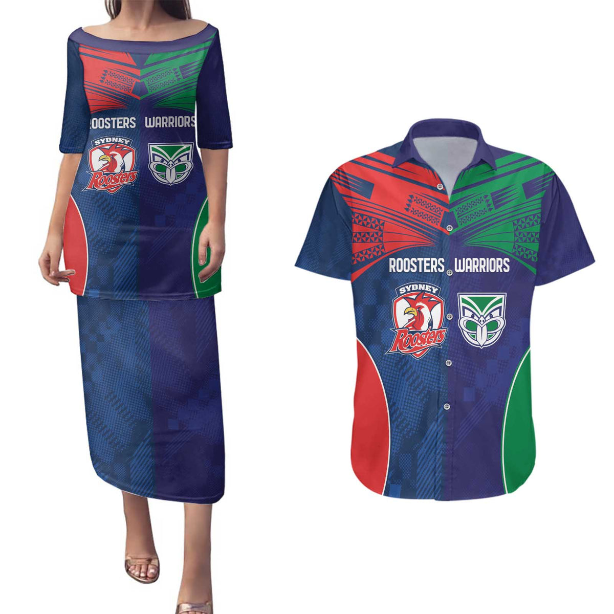 Custom Warriors-Roosters Couples Matching Puletasi and Hawaiian Shirt Together Sporty Style