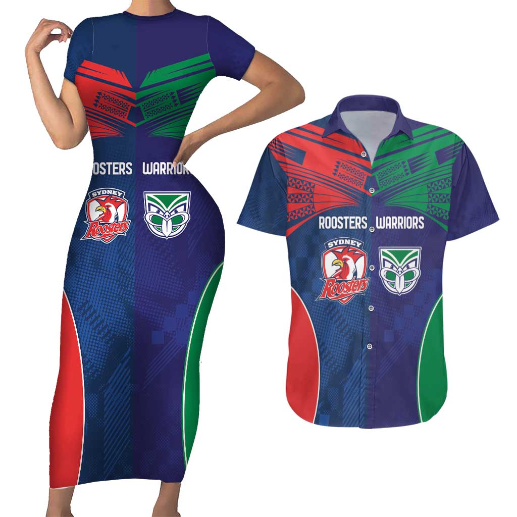 Custom Warriors-Roosters Couples Matching Short Sleeve Bodycon Dress and Hawaiian Shirt Together Sporty Style