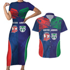 Custom Warriors-Roosters Couples Matching Short Sleeve Bodycon Dress and Hawaiian Shirt Together Sporty Style