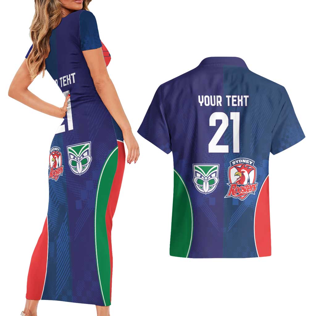 Custom Warriors-Roosters Couples Matching Short Sleeve Bodycon Dress and Hawaiian Shirt Together Sporty Style
