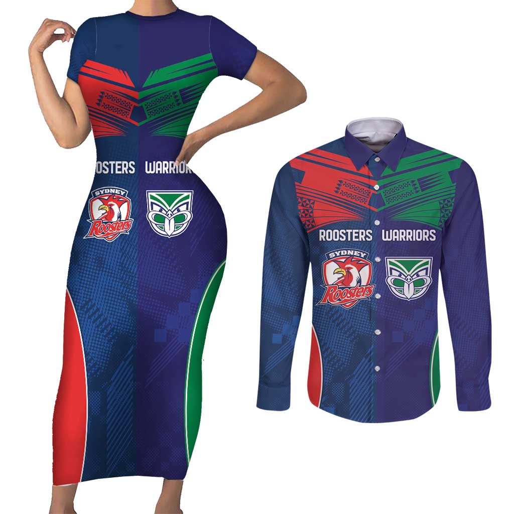 Custom Warriors-Roosters Couples Matching Short Sleeve Bodycon Dress and Long Sleeve Button Shirt Together Sporty Style