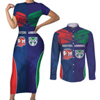 Custom Warriors-Roosters Couples Matching Short Sleeve Bodycon Dress and Long Sleeve Button Shirt Together Sporty Style