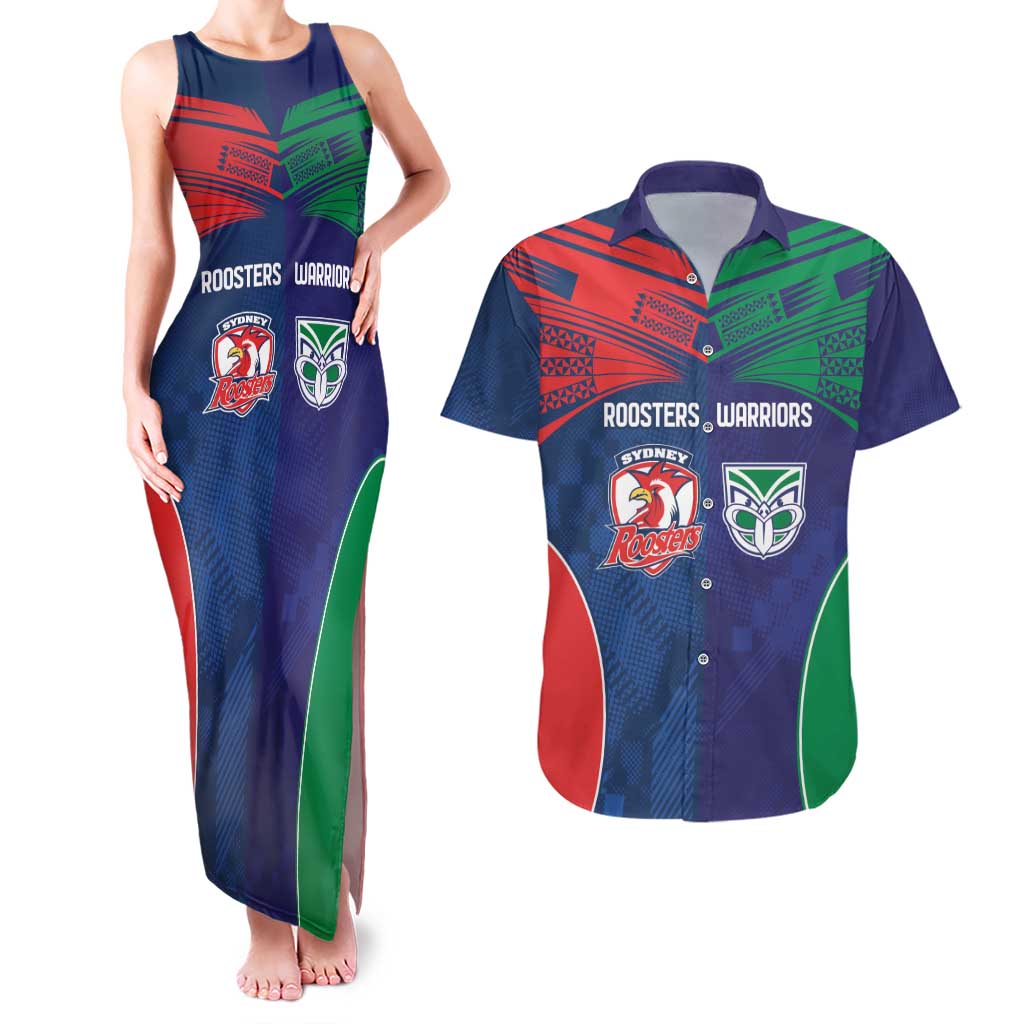 Custom Warriors-Roosters Couples Matching Tank Maxi Dress and Hawaiian Shirt Together Sporty Style