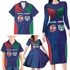 Custom Warriors-Roosters Family Matching Long Sleeve Bodycon Dress and Hawaiian Shirt Together Sporty Style