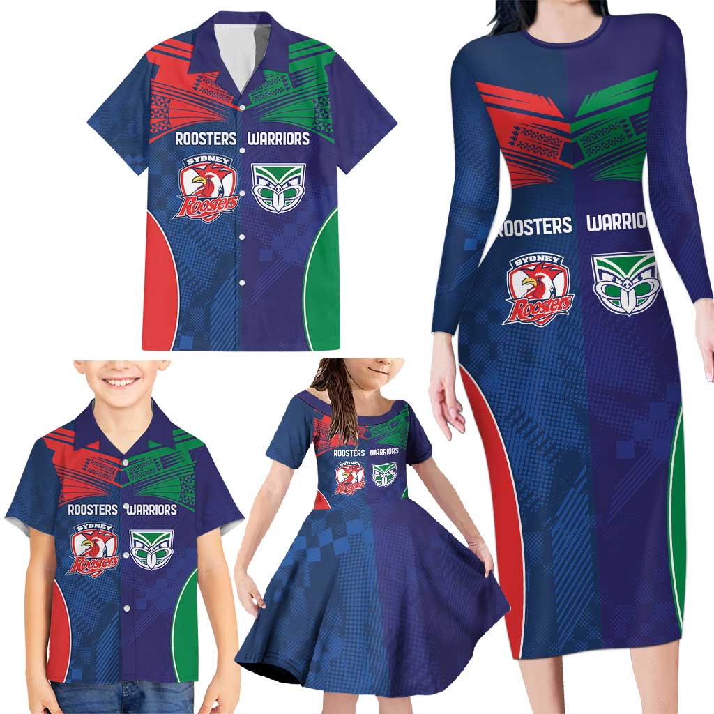 Custom Warriors-Roosters Family Matching Long Sleeve Bodycon Dress and Hawaiian Shirt Together Sporty Style