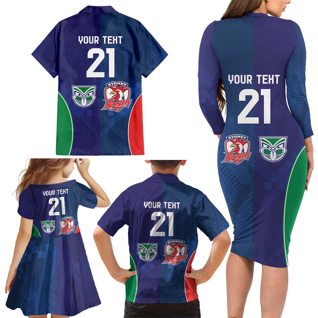 Custom Warriors-Roosters Family Matching Long Sleeve Bodycon Dress and Hawaiian Shirt Together Sporty Style