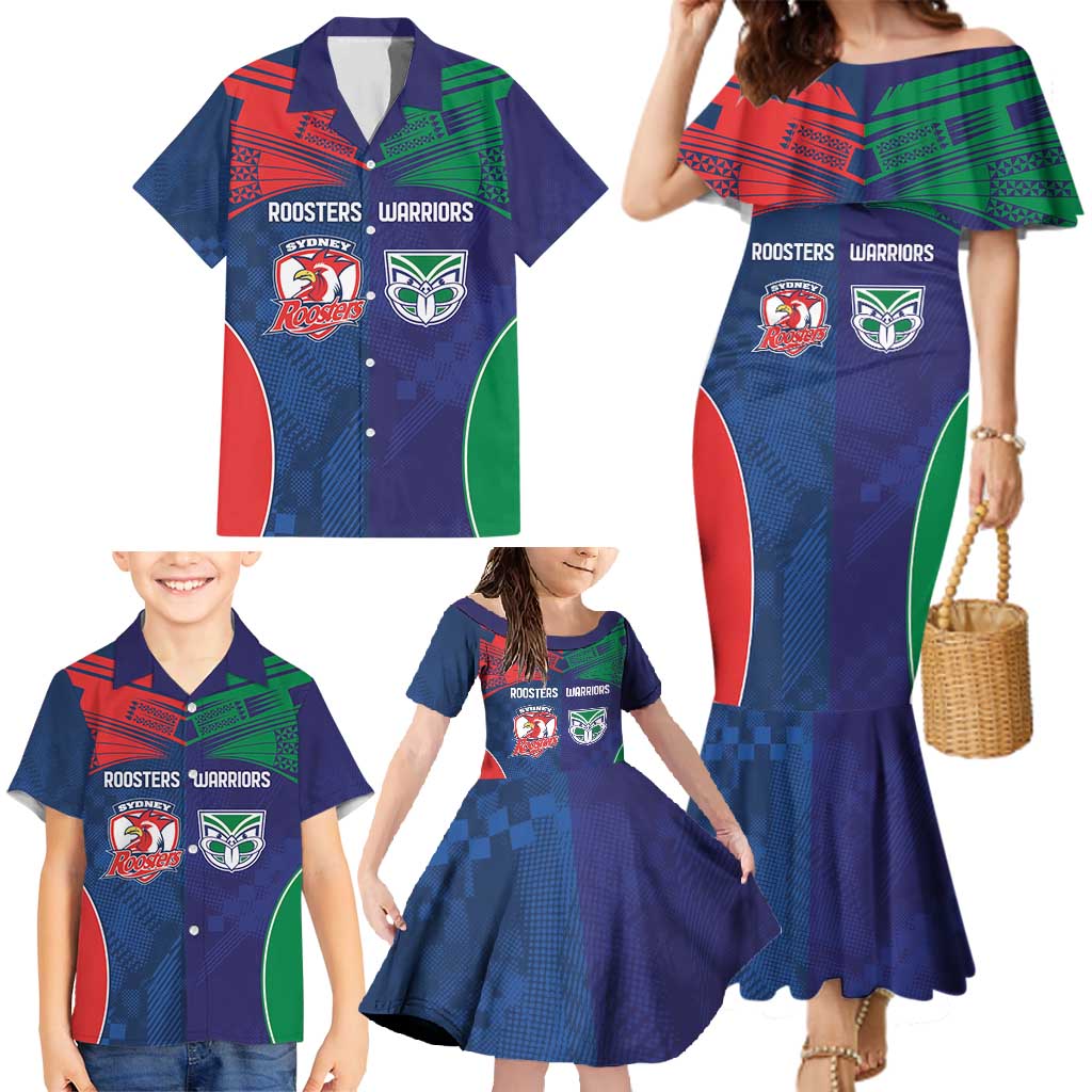 Custom Warriors-Roosters Family Matching Mermaid Dress and Hawaiian Shirt Together Sporty Style