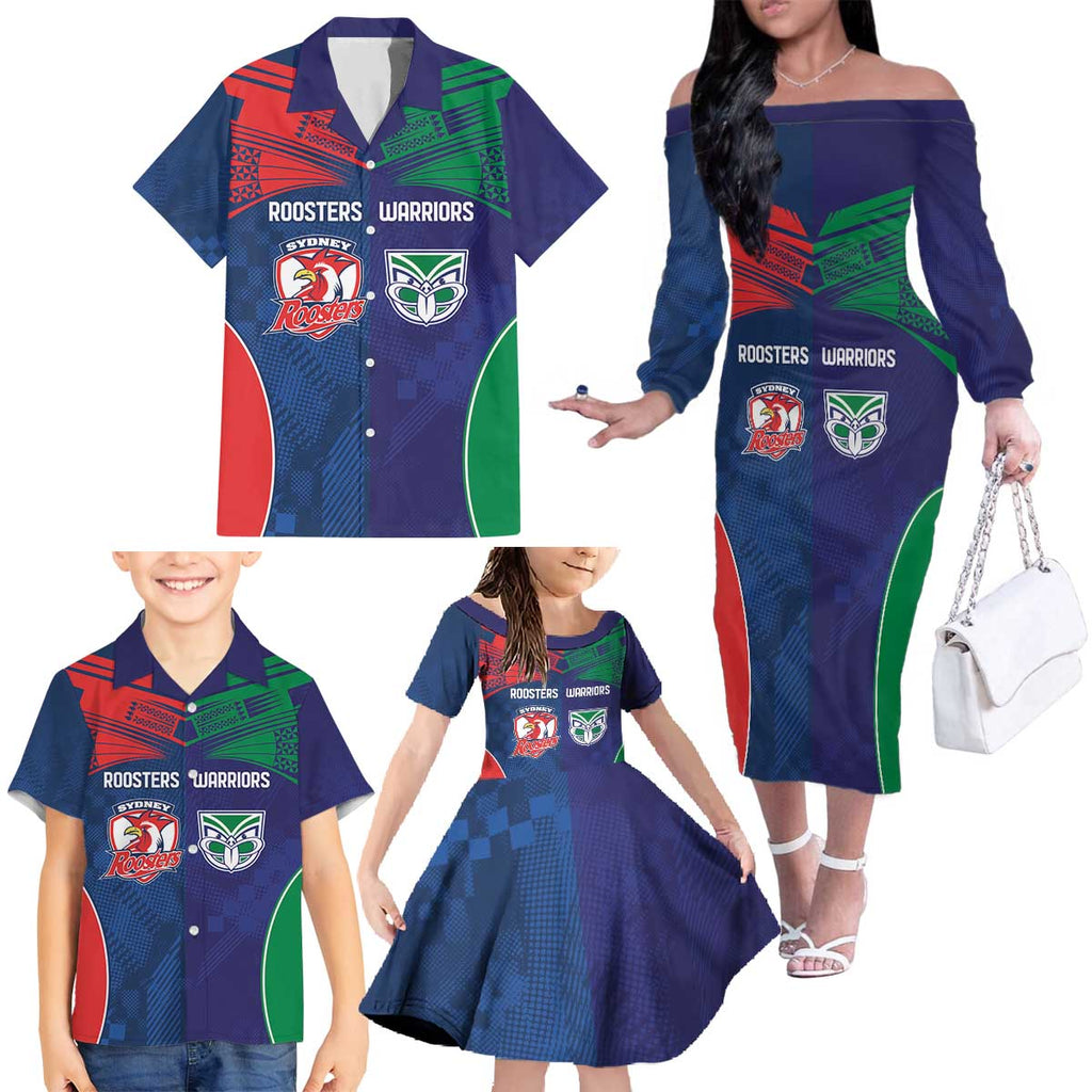 Custom Warriors-Roosters Family Matching Off The Shoulder Long Sleeve Dress and Hawaiian Shirt Together Sporty Style