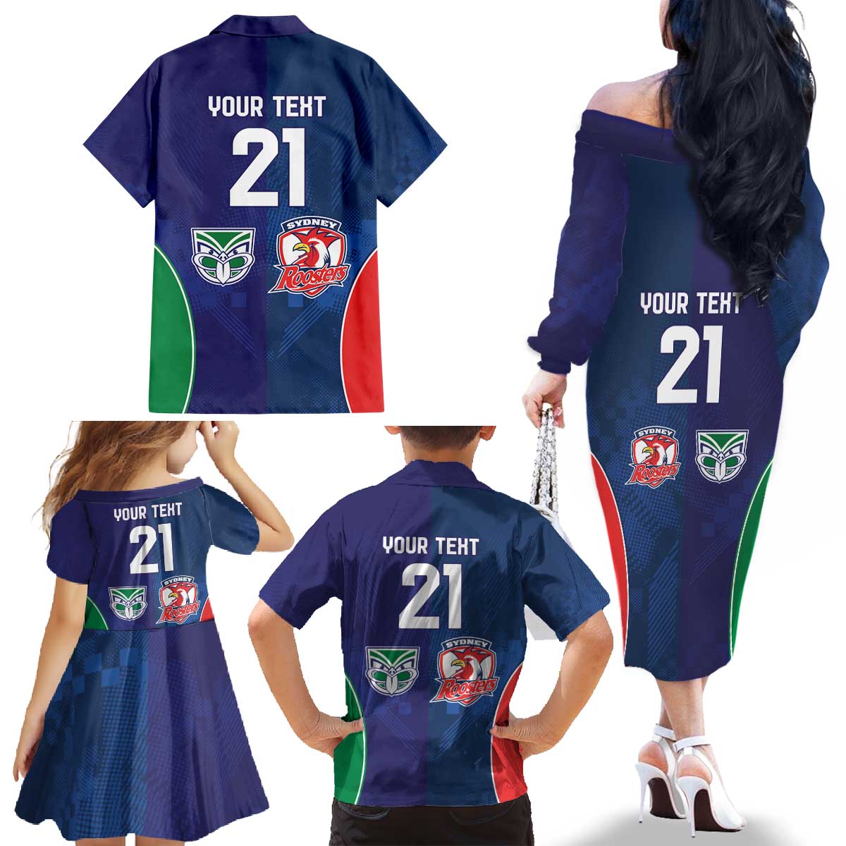 Custom Warriors-Roosters Family Matching Off The Shoulder Long Sleeve Dress and Hawaiian Shirt Together Sporty Style